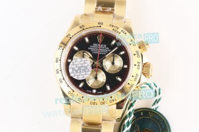 MR Factory The Best Swiss Replica Rolex Daytona Gold Ceramic Bezel Watch  Black Stainless Steel Band